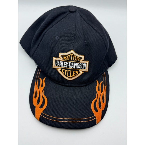 Harley Davidson Flame Logo Cap Wool Blend Black Orange Hat OS Adjustable Vintage - Picture 6 of 9